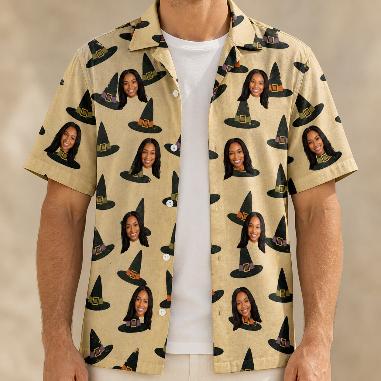 Man wearing Men's Coven Couture Custom Face Hawaiian Shirt open over a white tee