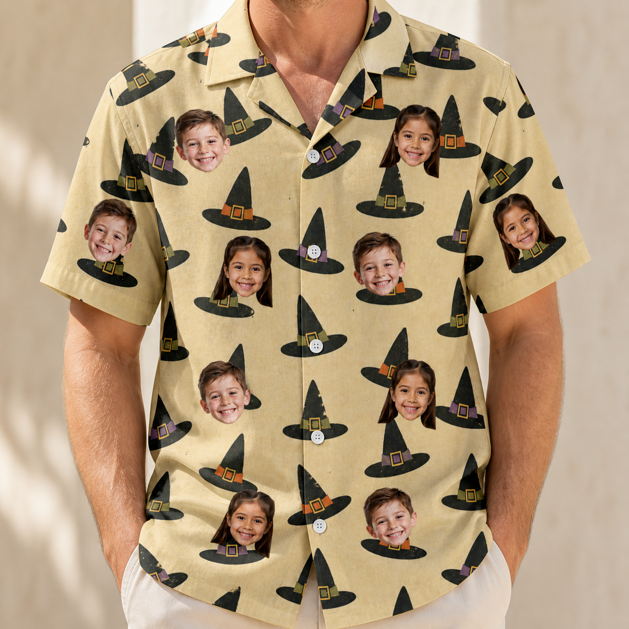 Model wearing Men's Coven Couture Custom Face Hawaiian Shirt printed with kids' faces
