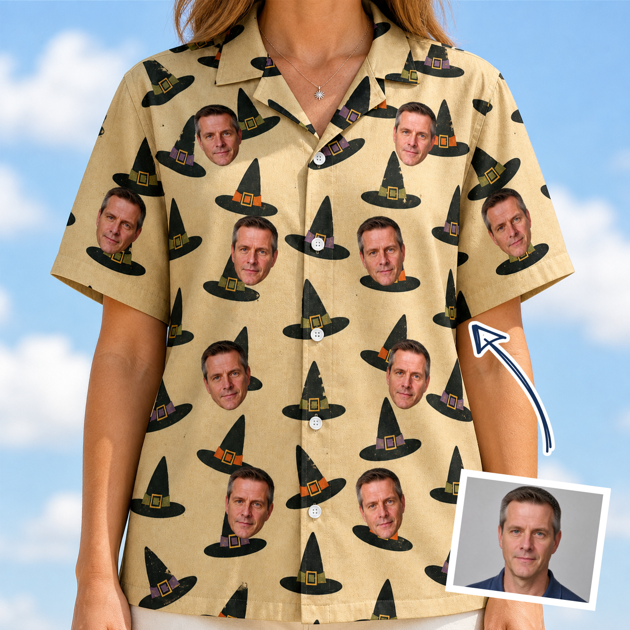 Woman wearing Women's Coven Couture Custom Face Hawaiian Shirt — custom faces printed all-over