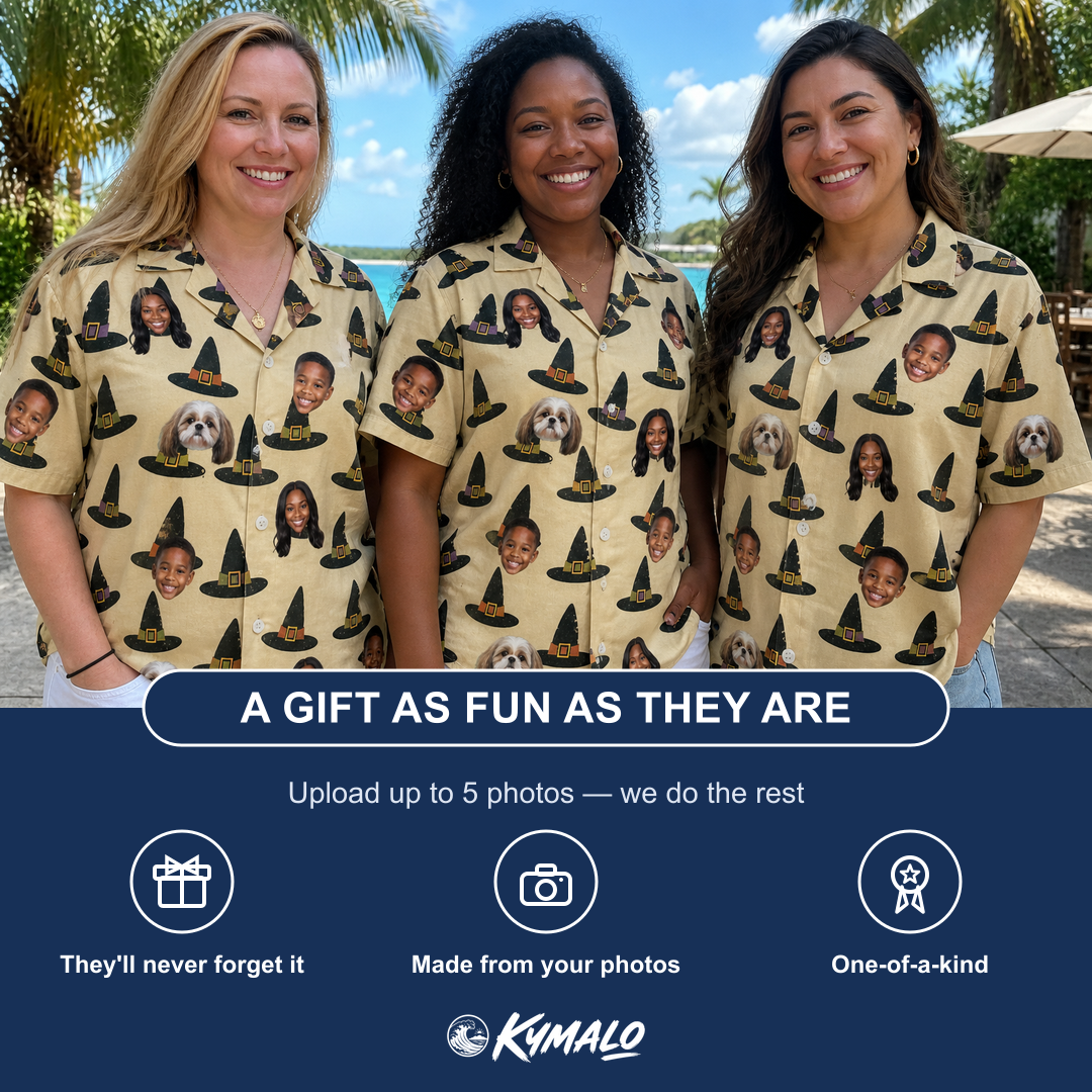 Friends in matching Women's Coven Couture Custom Face Hawaiian Shirt — a group gift photo