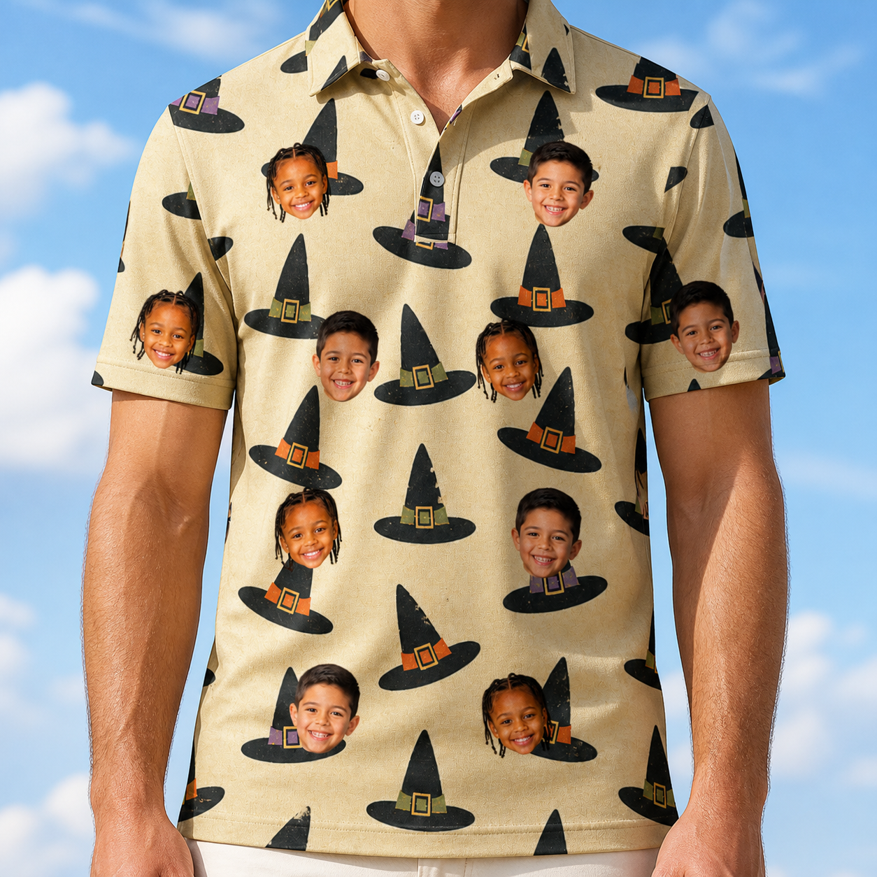 Model wearing Men's Coven Couture Custom Face Polo Shirt printed with kids' faces