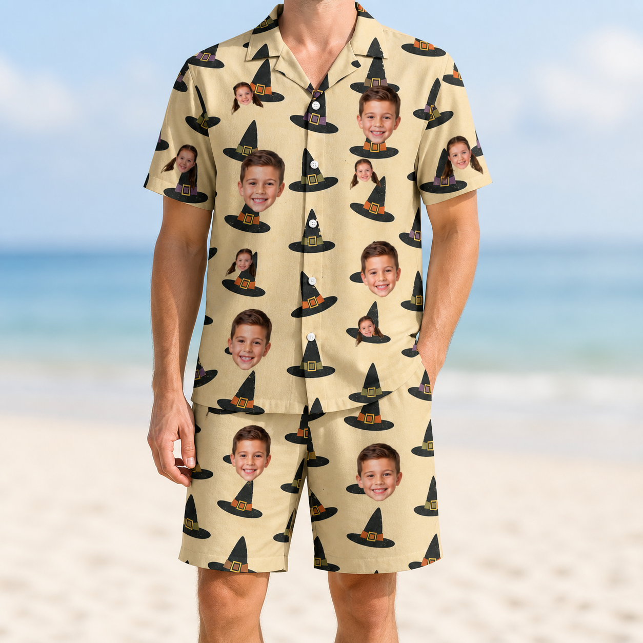 Model wearing Men's Coven Couture Custom Face Shirt & Shorts Set printed with kids' faces