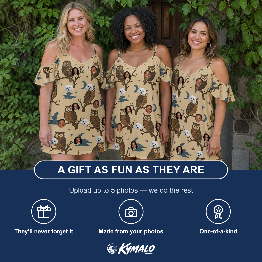 Friends in matching Women's Roost Ruckus Custom Face Off-Shoulder Dress — a group gift photo