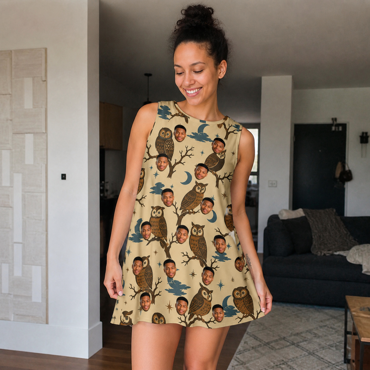 Real-life photo of someone wearing Women's Roost Ruckus Custom Face Tank Dress — custom faces printed all-over