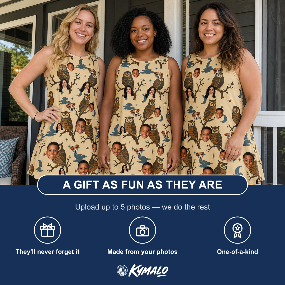Friends in matching Women's Roost Ruckus Custom Face Tank Dress — a group gift photo