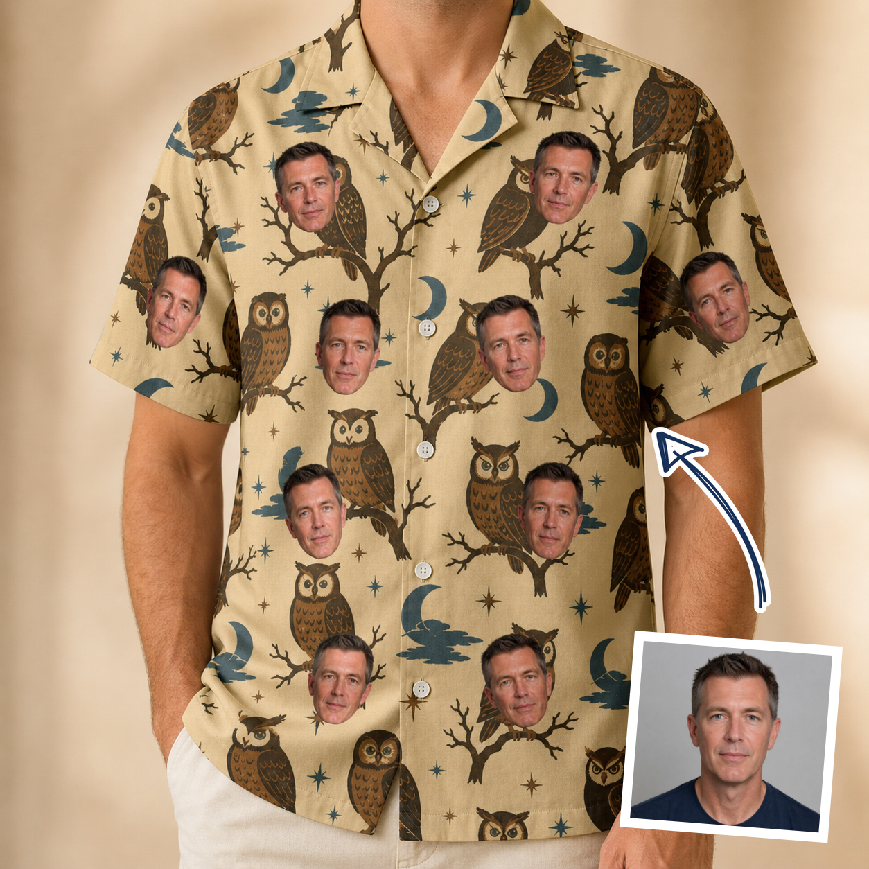 Man wearing Men's Roost Ruckus Custom Face Hawaiian Shirt — custom faces printed all-over