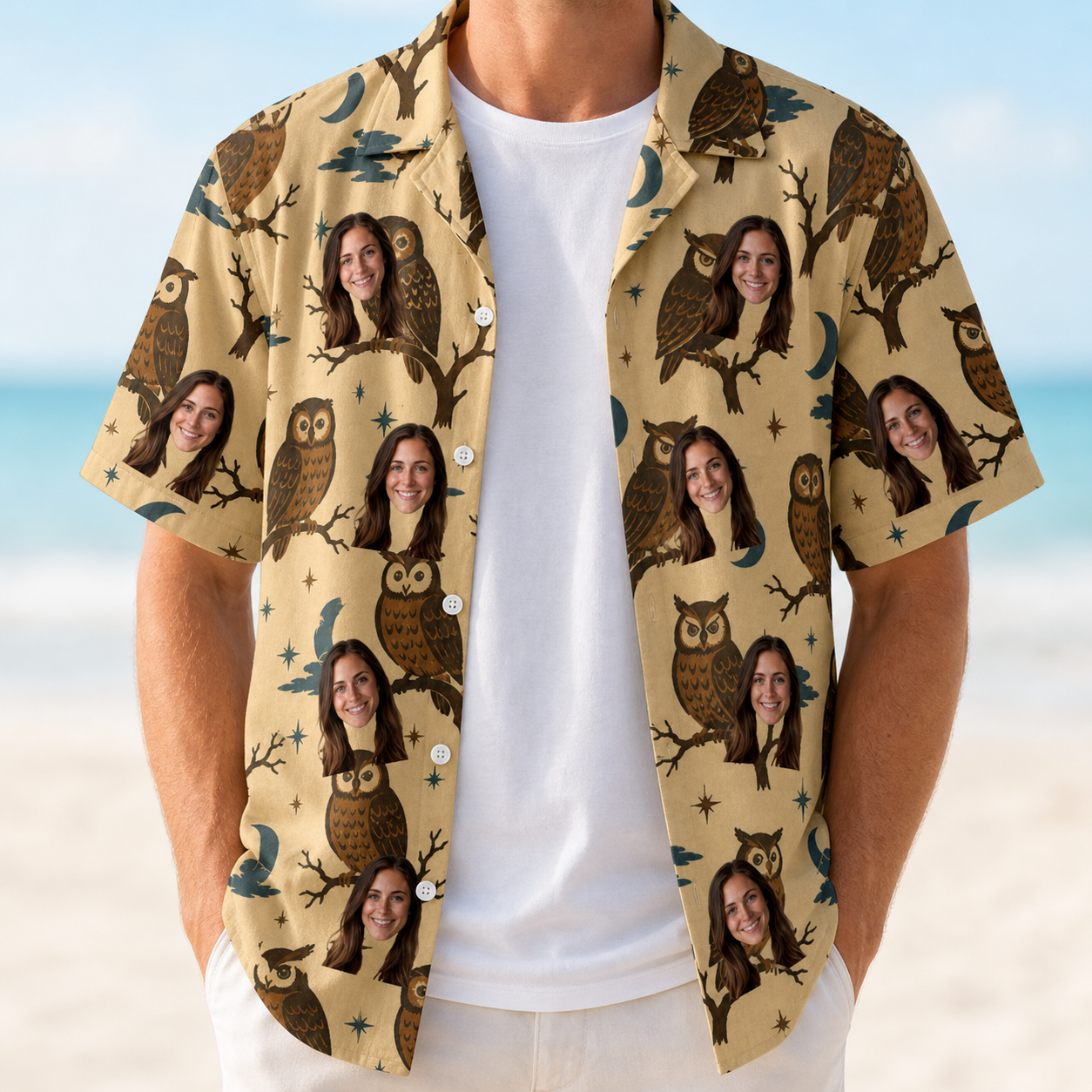 Man wearing Men's Roost Ruckus Custom Face Hawaiian Shirt open over a white tee