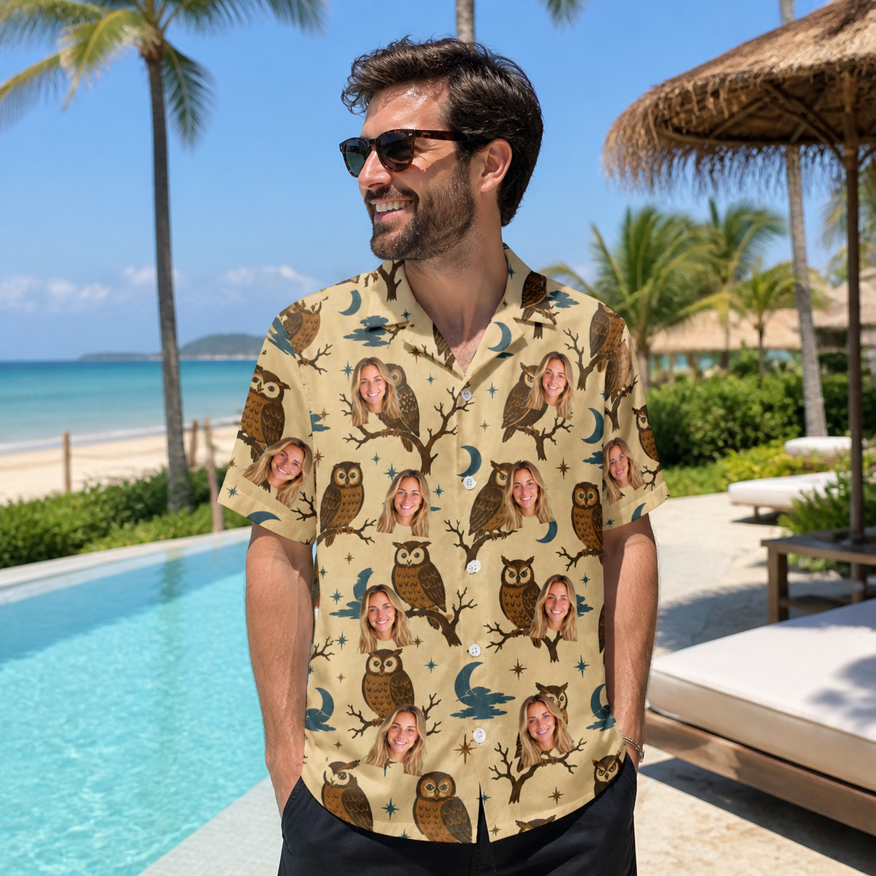 Real-life photo of someone wearing Men's Roost Ruckus Custom Face Hawaiian Shirt — custom faces printed all-over