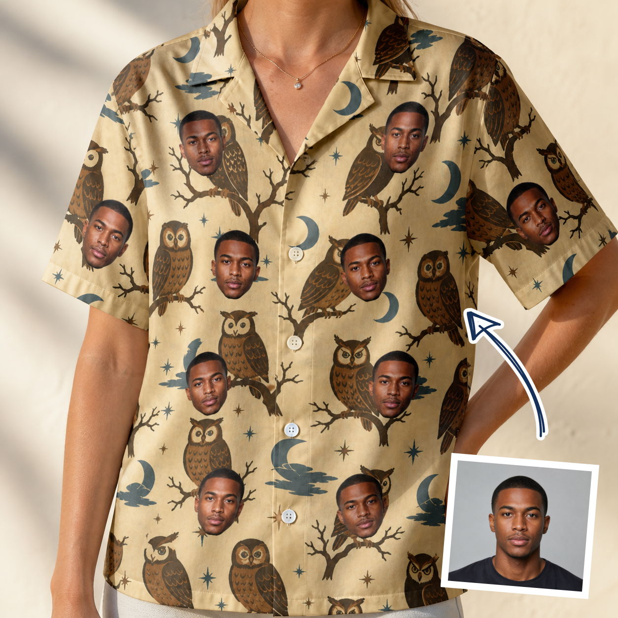 Woman wearing Women's Roost Ruckus Custom Face Hawaiian Shirt — custom faces printed all-over