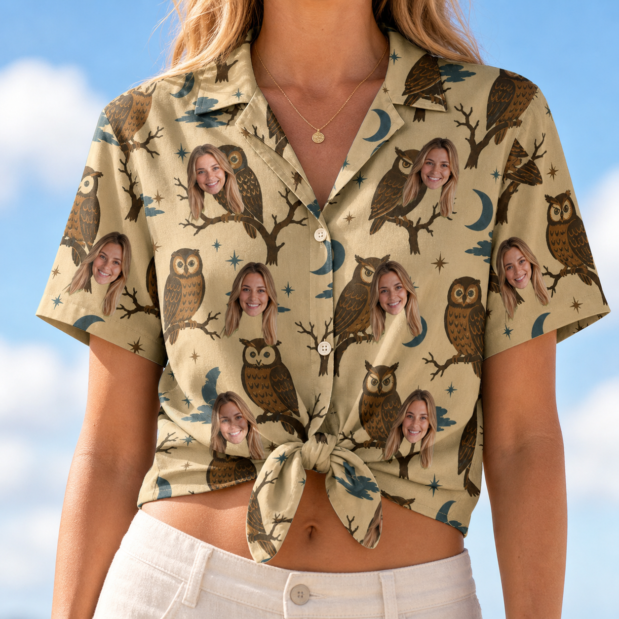 Woman wearing Women's Roost Ruckus Custom Face Hawaiian Shirt tied at the waist