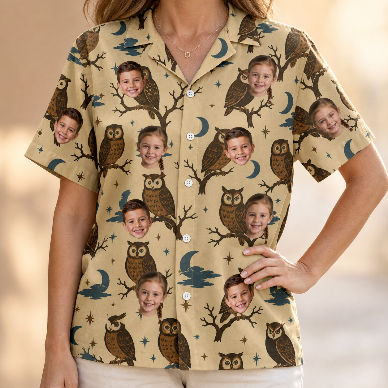 Model wearing Women's Roost Ruckus Custom Face Hawaiian Shirt printed with kids' faces