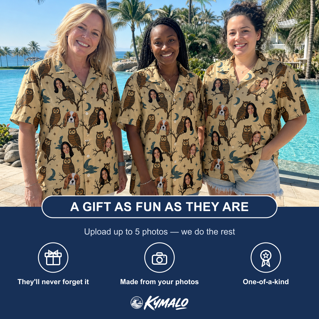 Friends in matching Women's Roost Ruckus Custom Face Hawaiian Shirt — a group gift photo