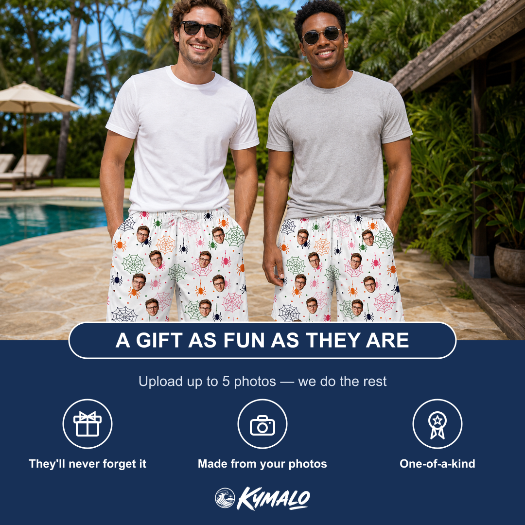 Friends in matching Men's Venom Velvet Custom Face Beach Shorts — a group gift photo