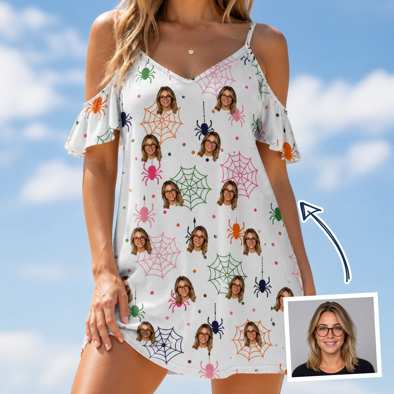 Woman wearing Women's Venom Velvet Custom Face Off-Shoulder Dress — custom faces printed all-over