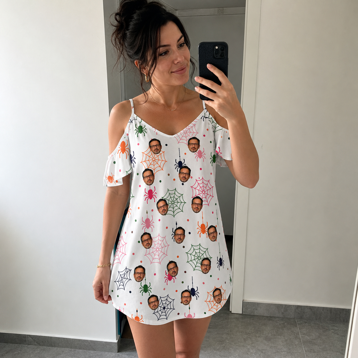 Real-life photo of someone wearing Women's Venom Velvet Custom Face Off-Shoulder Dress — custom faces printed all-over