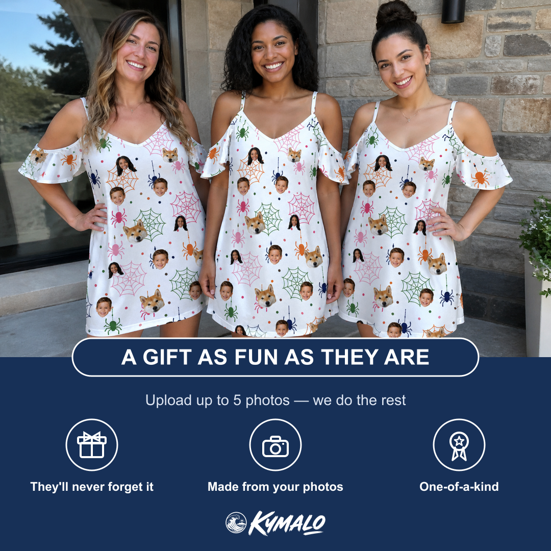Friends in matching Women's Venom Velvet Custom Face Off-Shoulder Dress — a group gift photo