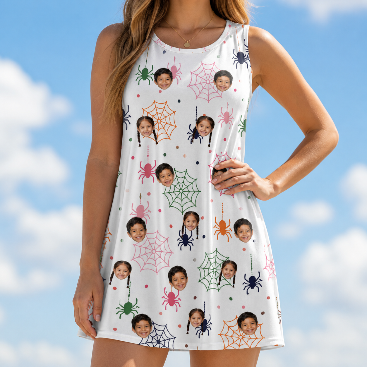 Model wearing Women's Venom Velvet Custom Face Tank Dress printed with kids' faces