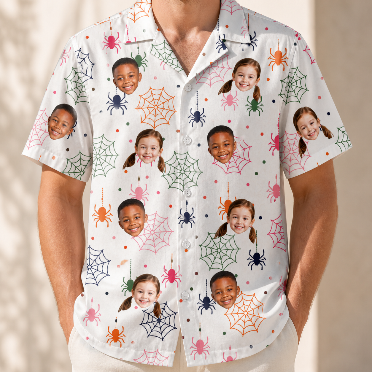 Model wearing Men's Venom Velvet Custom Face Hawaiian Shirt printed with kids' faces