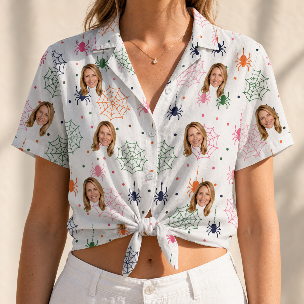 Woman wearing Women's Venom Velvet Custom Face Hawaiian Shirt tied at the waist