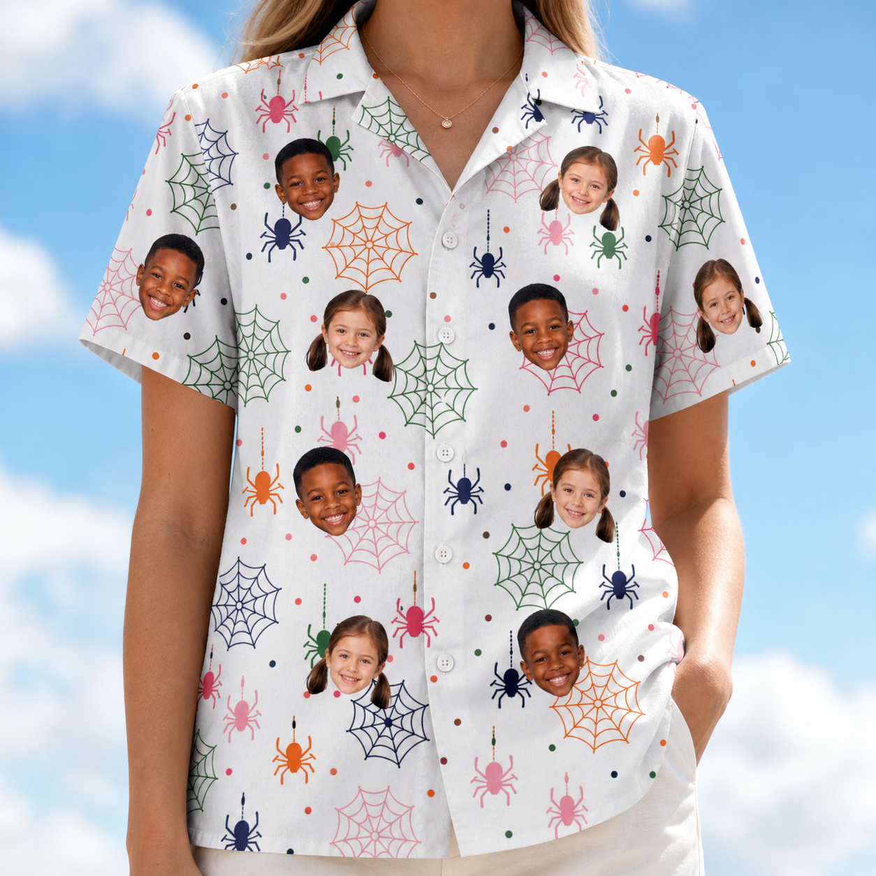 Model wearing Women's Venom Velvet Custom Face Hawaiian Shirt printed with kids' faces