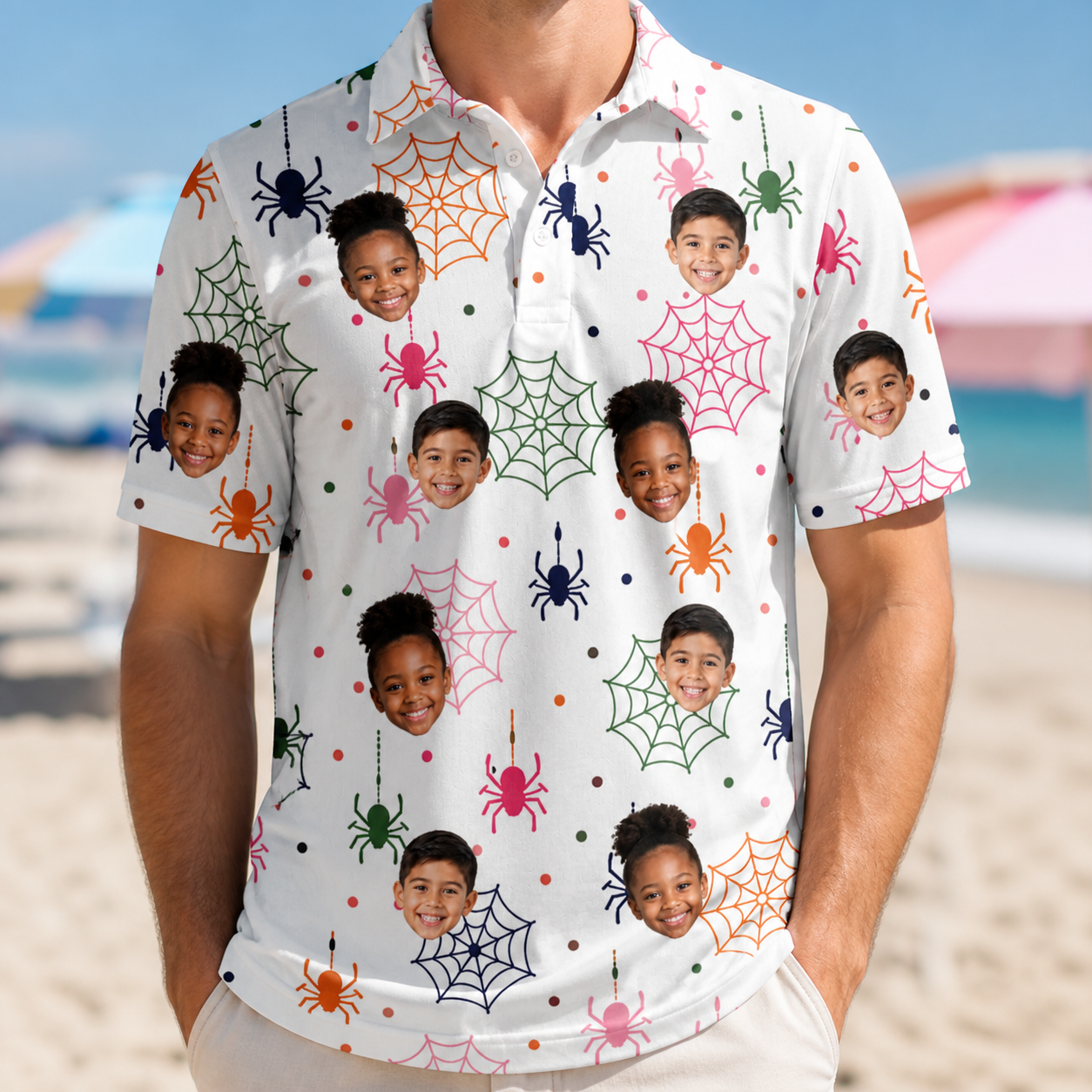 Model wearing Men's Venom Velvet Custom Face Polo Shirt printed with kids' faces