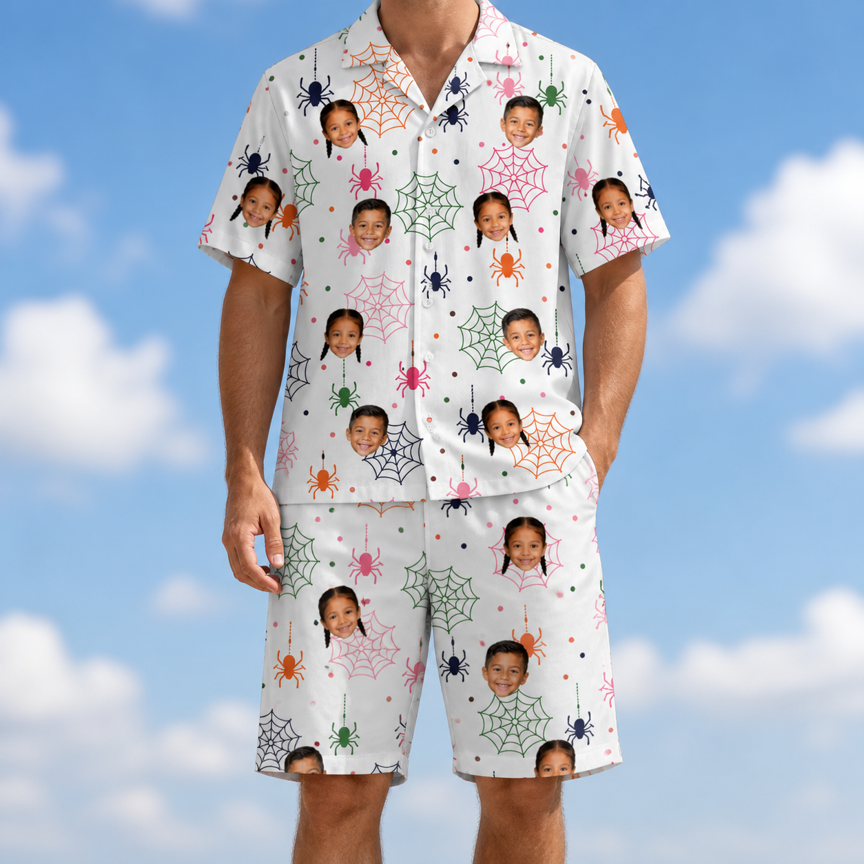 Model wearing Men's Venom Velvet Custom Face Shirt & Shorts Set printed with kids' faces