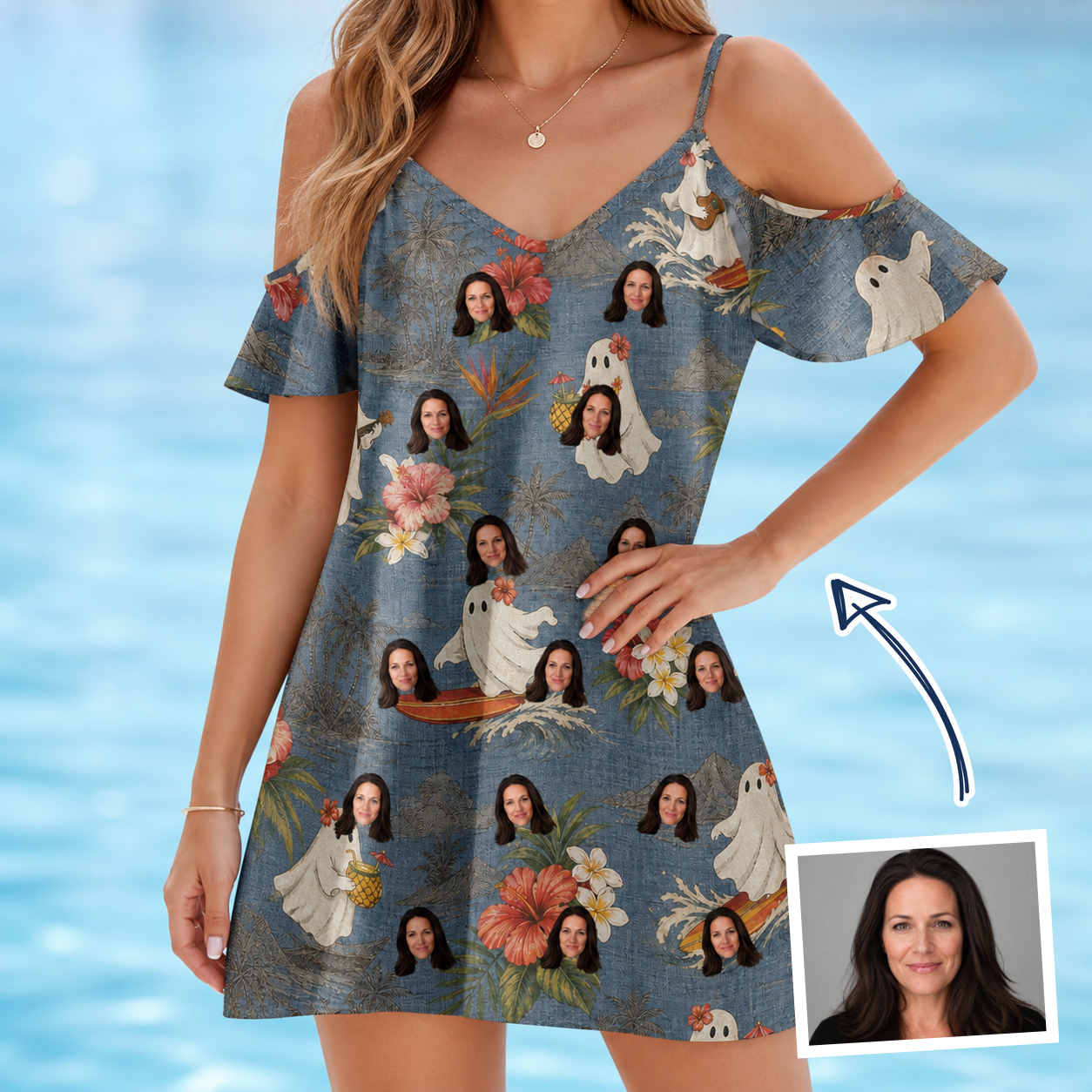 Woman wearing Women's Ectoplasm Eccentrics Custom Face Off-Shoulder Dress — custom faces printed all-over