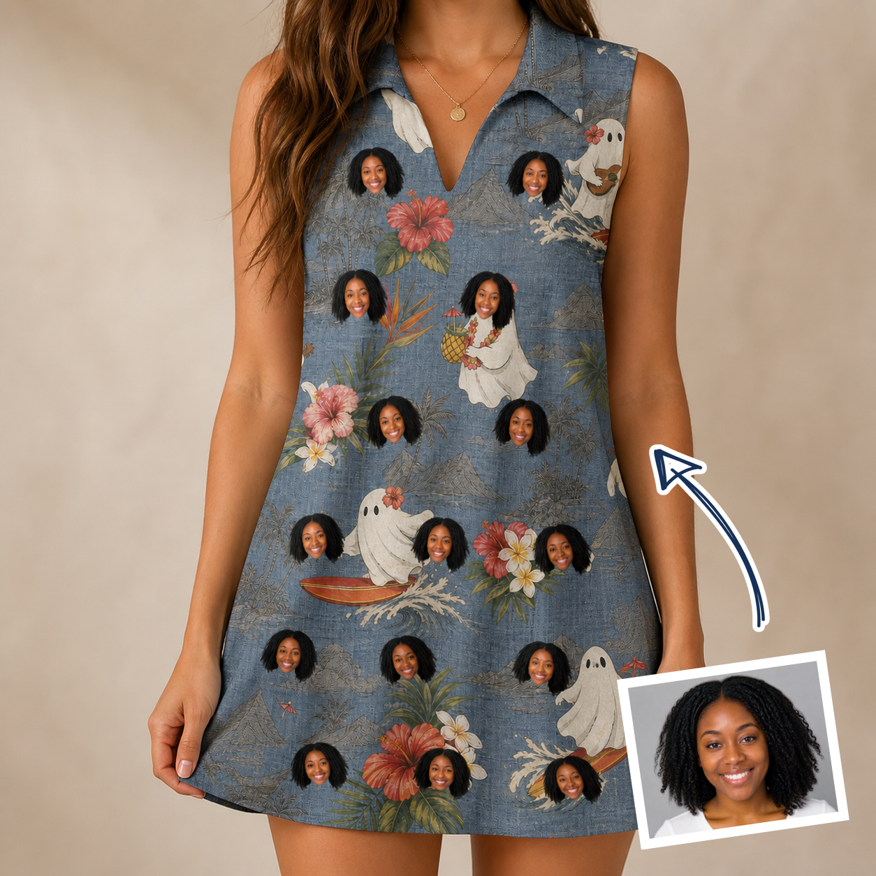 Woman wearing Women's Ectoplasm Eccentrics Custom Face V-Neck Dress — custom faces printed all-over