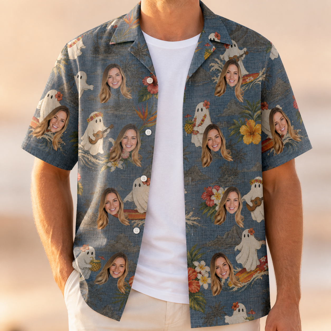Man wearing Men's Ectoplasm Eccentrics Custom Face Hawaiian Shirt open over a white tee
