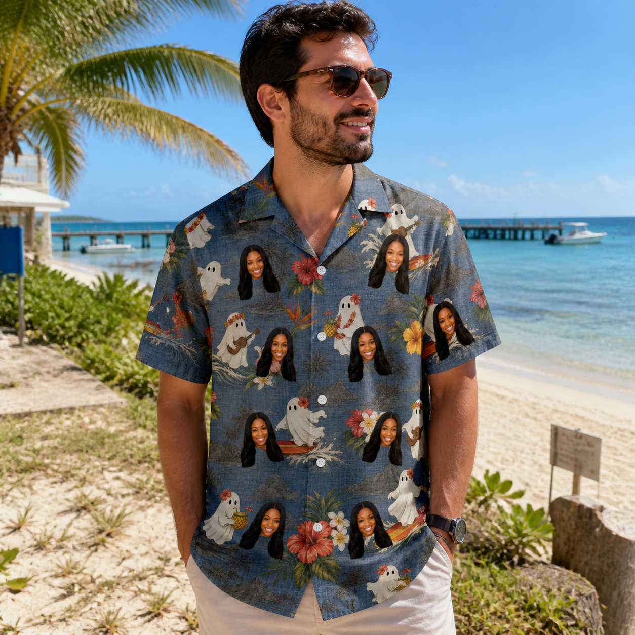 Real-life photo of someone wearing Men's Ectoplasm Eccentrics Custom Face Hawaiian Shirt — custom faces printed all-over