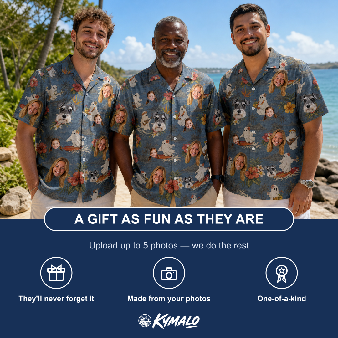Friends in matching Men's Ectoplasm Eccentrics Custom Face Hawaiian Shirt — a group gift photo