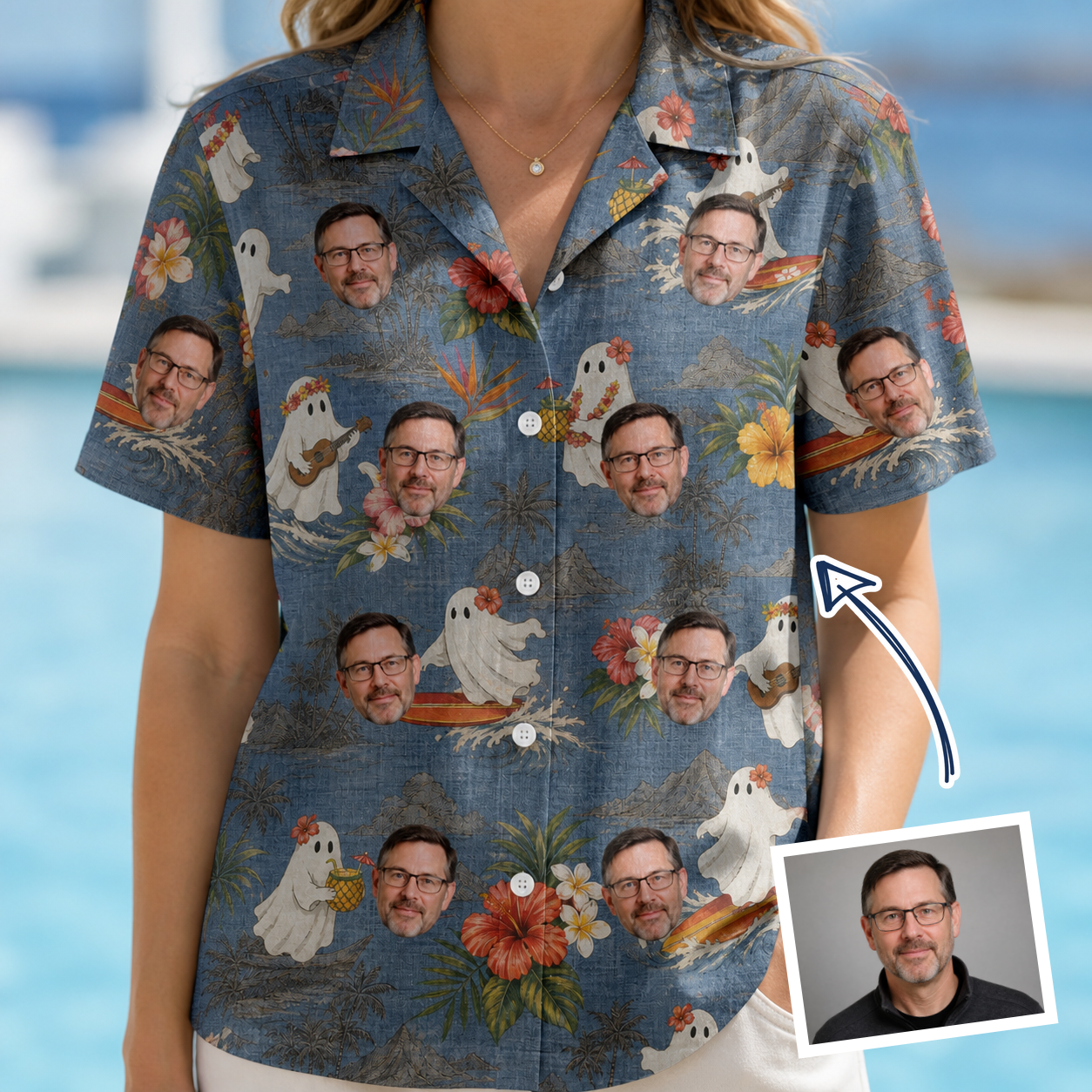 Woman wearing Women's Ectoplasm Eccentrics Custom Face Hawaiian Shirt — custom faces printed all-over