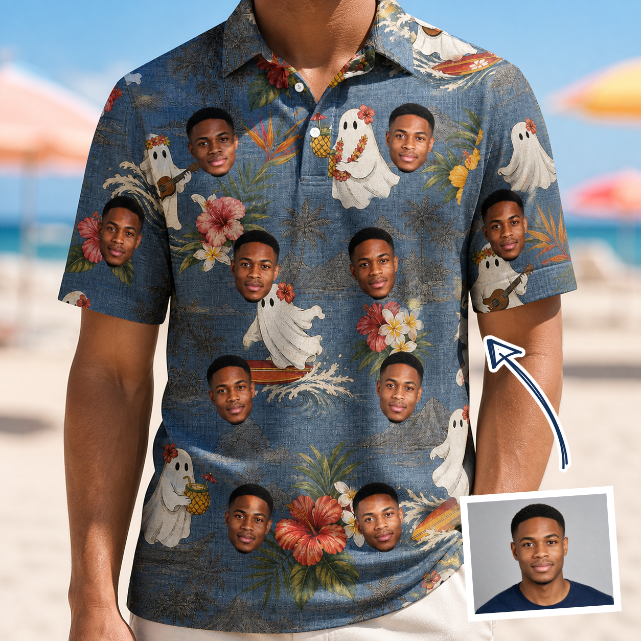 Man wearing Men's Ectoplasm Eccentrics Custom Face Polo Shirt — custom faces printed all-over