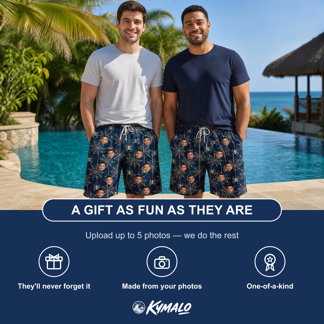 Friends in matching Men's Grim Gridwork Custom Face Beach Shorts — a group gift photo