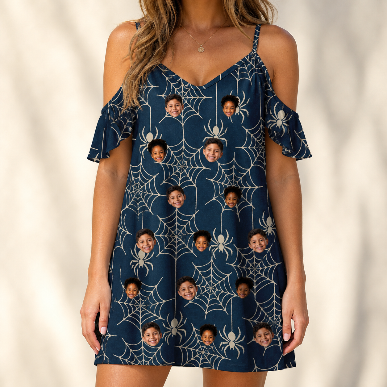 Model wearing Women's Grim Gridwork Custom Face Off-Shoulder Dress printed with kids' faces