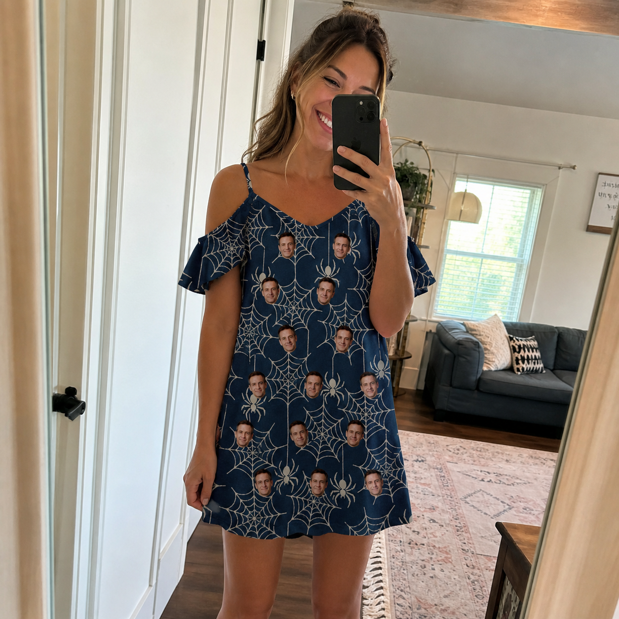 Real-life photo of someone wearing Women's Grim Gridwork Custom Face Off-Shoulder Dress — custom faces printed all-over