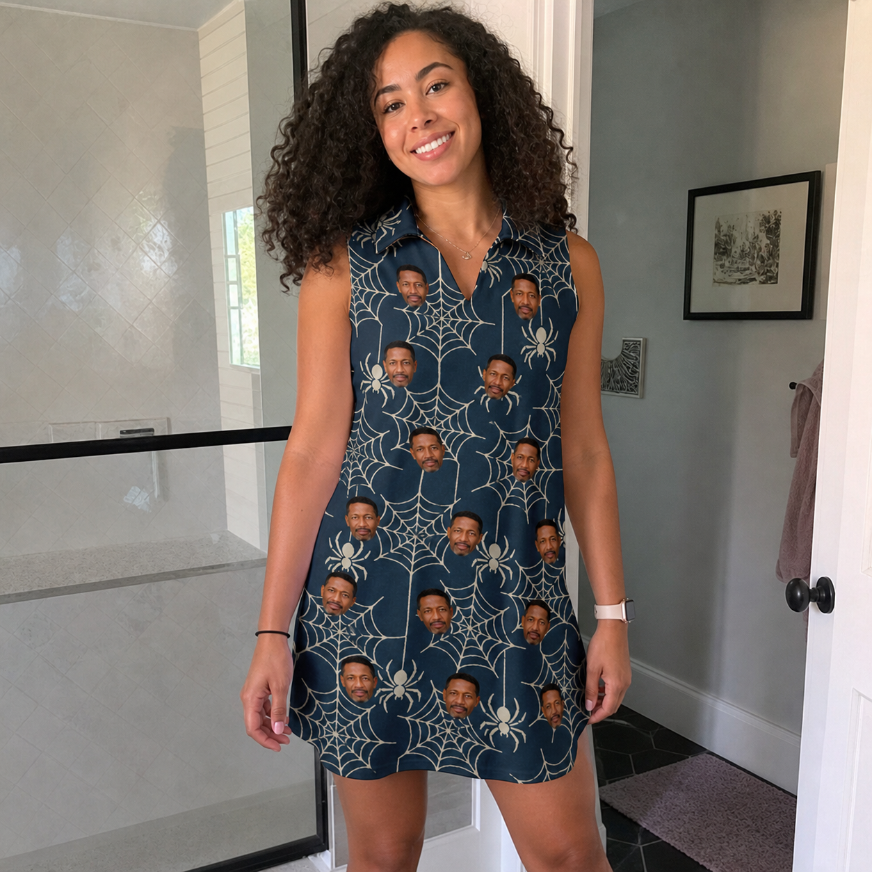 Real-life photo of someone wearing Women's Grim Gridwork Custom Face V-Neck Dress — custom faces printed all-over