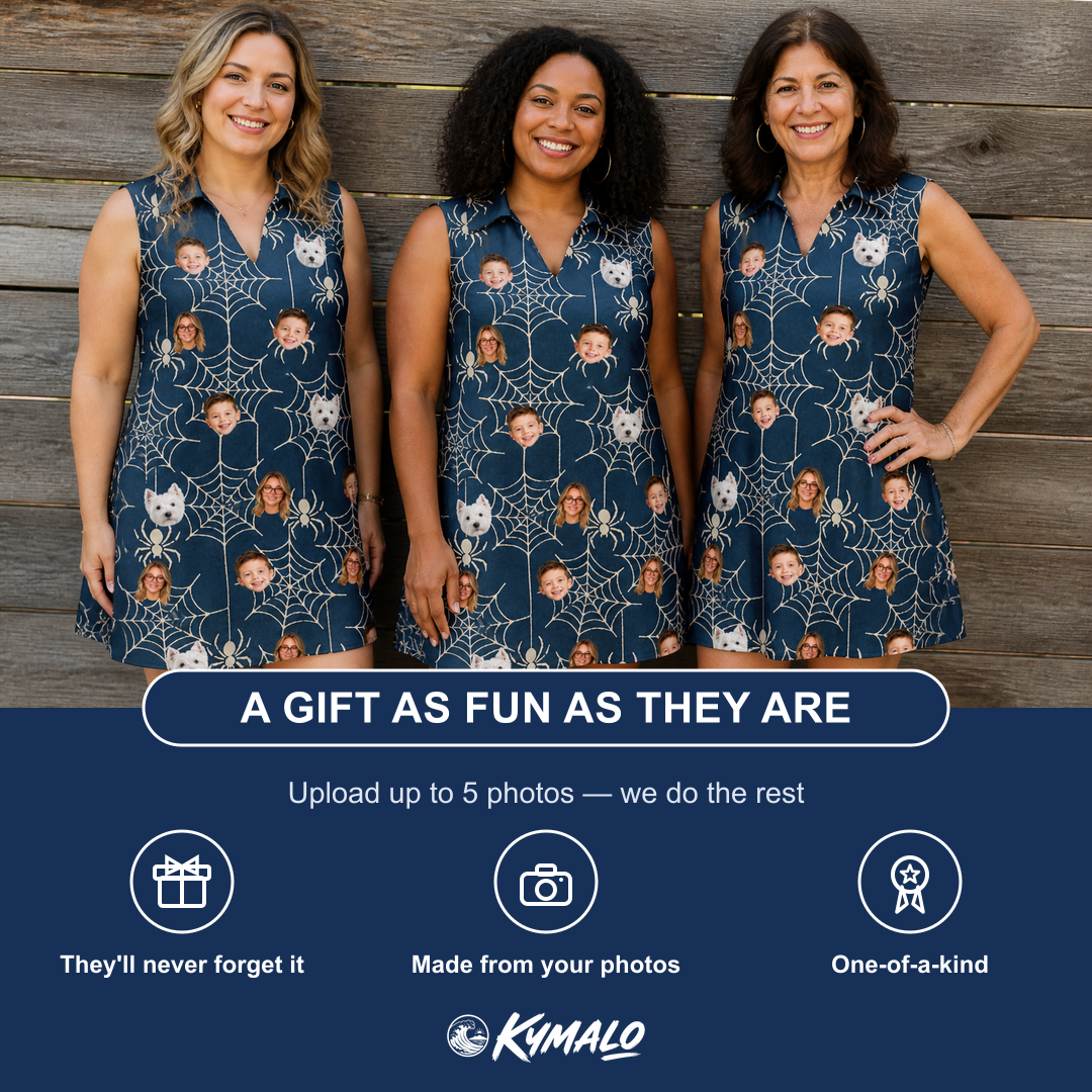 Friends in matching Women's Grim Gridwork Custom Face V-Neck Dress — a group gift photo