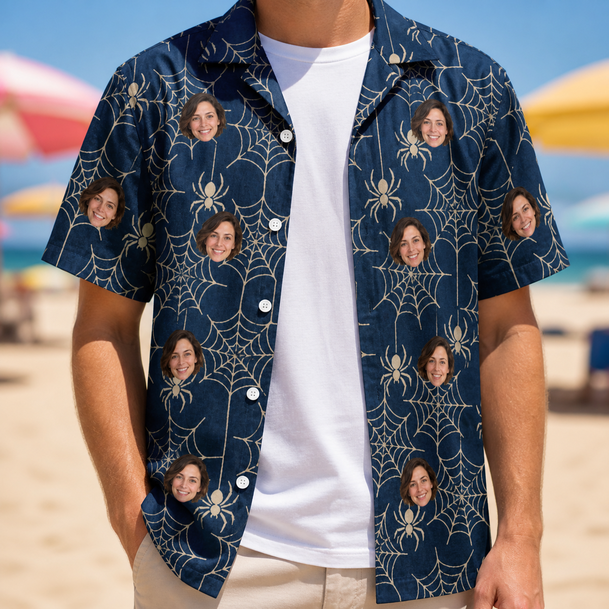 Man wearing Men's Grim Gridwork Custom Face Hawaiian Shirt open over a white tee
