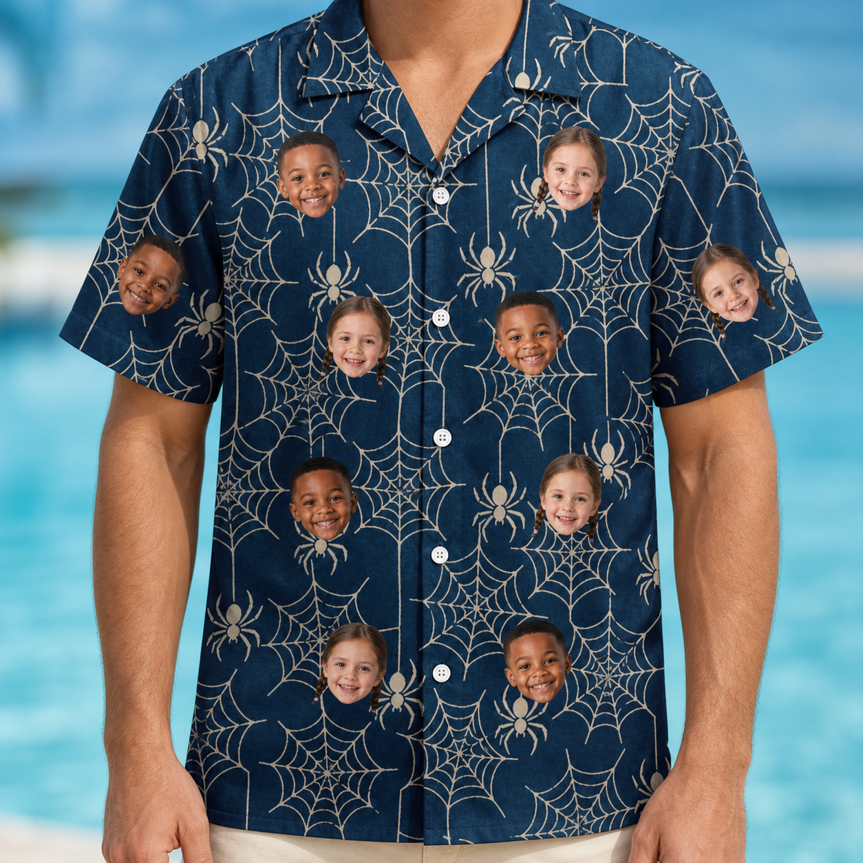 Model wearing Men's Grim Gridwork Custom Face Hawaiian Shirt printed with kids' faces