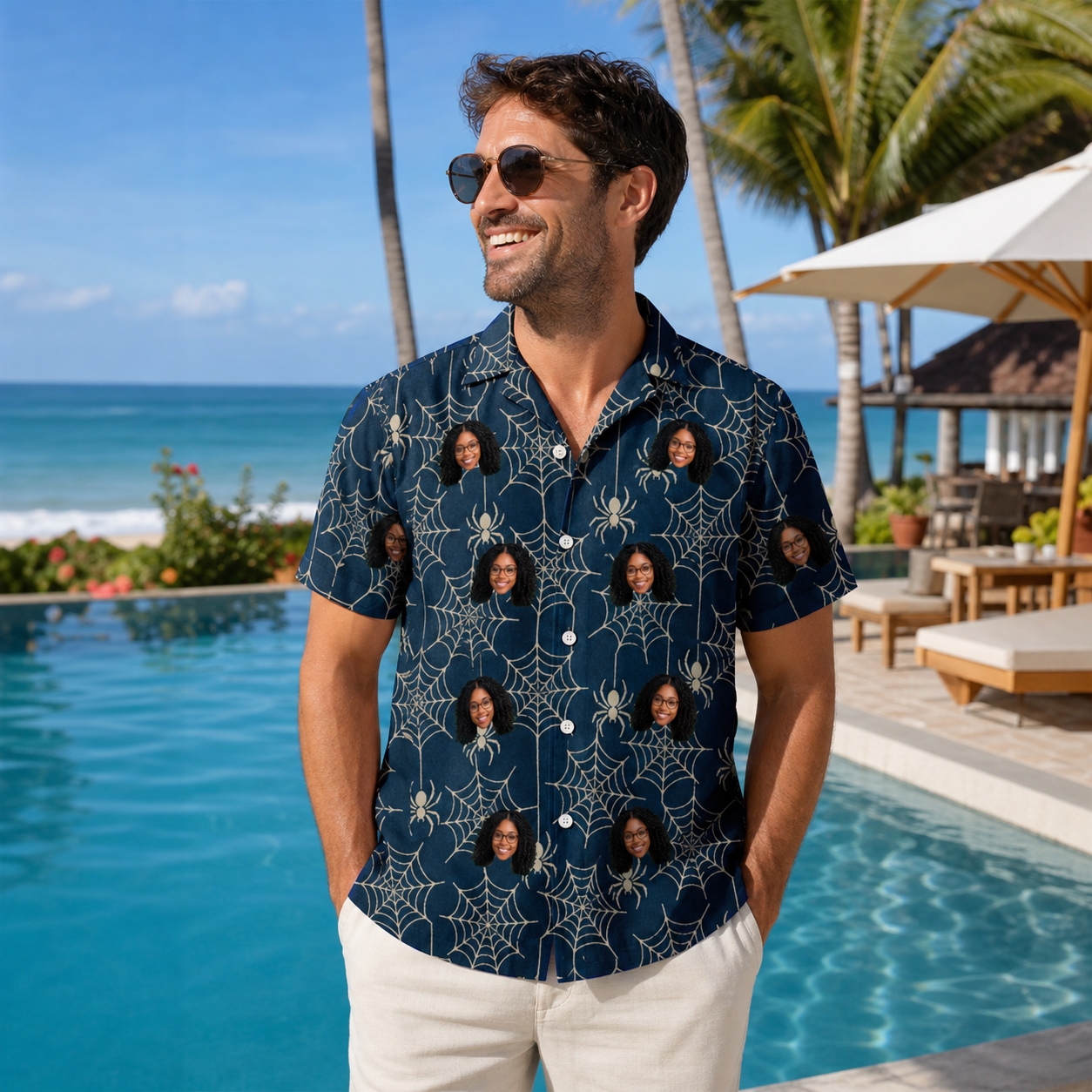 Real-life photo of someone wearing Men's Grim Gridwork Custom Face Hawaiian Shirt — custom faces printed all-over