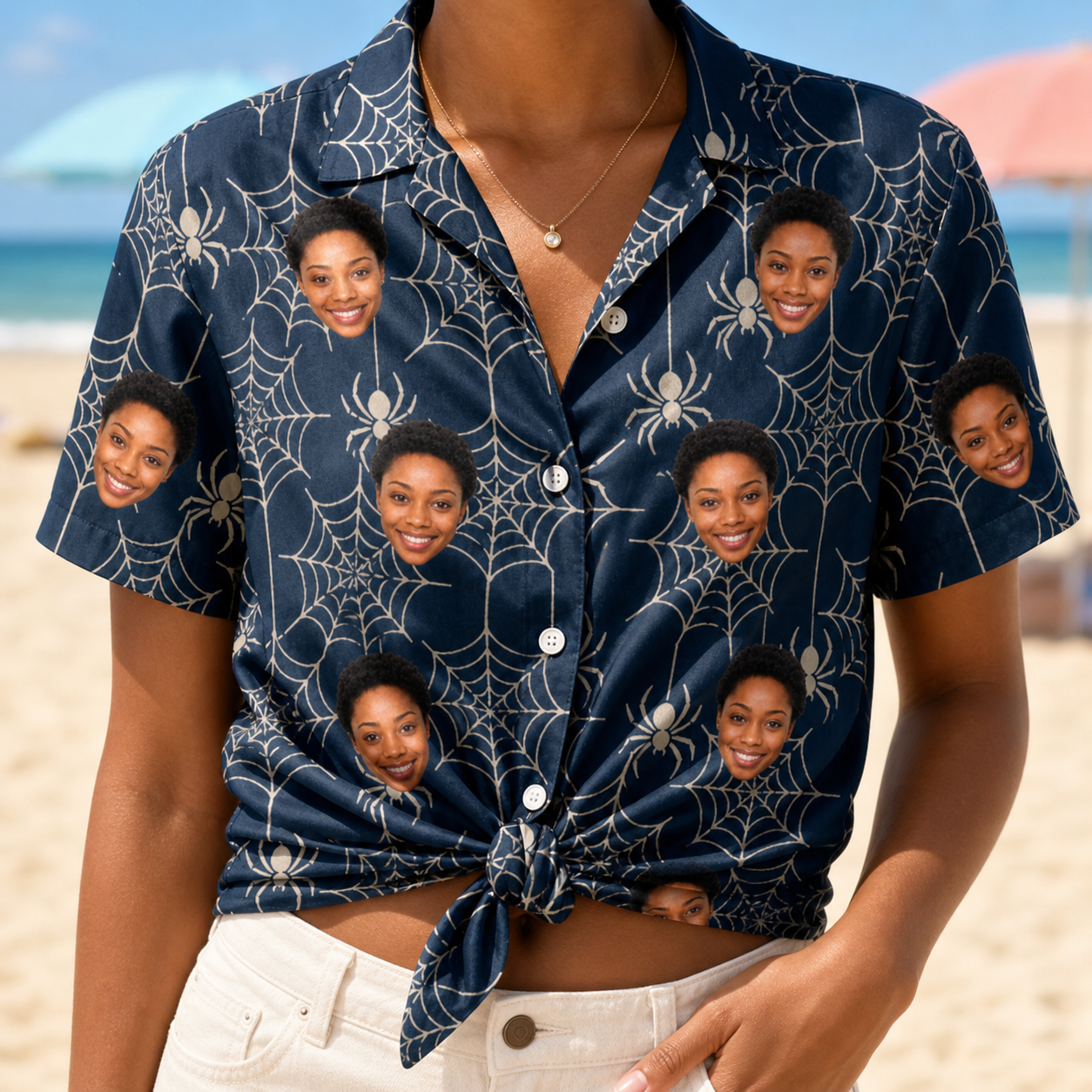 Woman wearing Women's Grim Gridwork Custom Face Hawaiian Shirt tied at the waist
