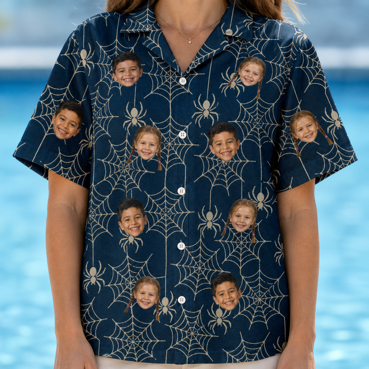Model wearing Women's Grim Gridwork Custom Face Hawaiian Shirt printed with kids' faces