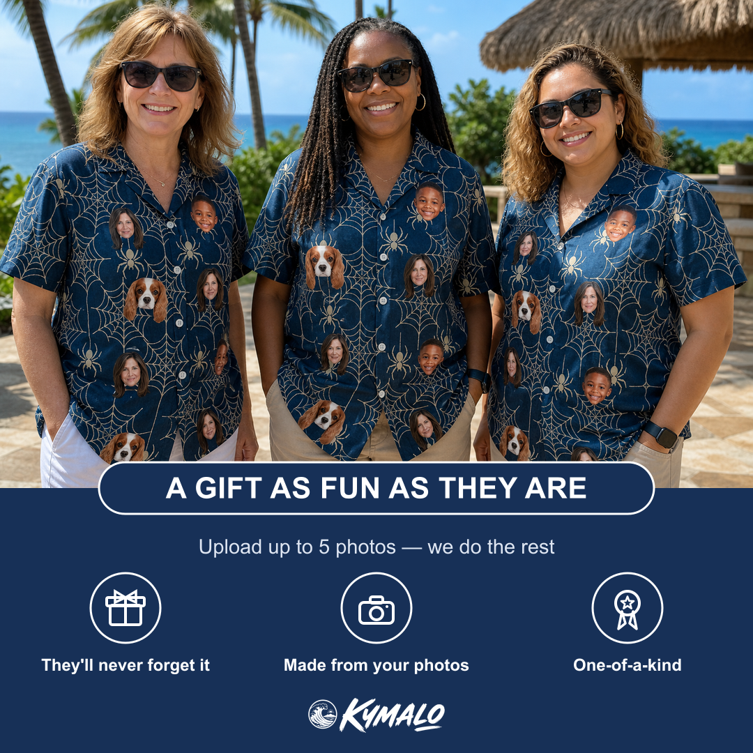 Friends in matching Women's Grim Gridwork Custom Face Hawaiian Shirt — a group gift photo