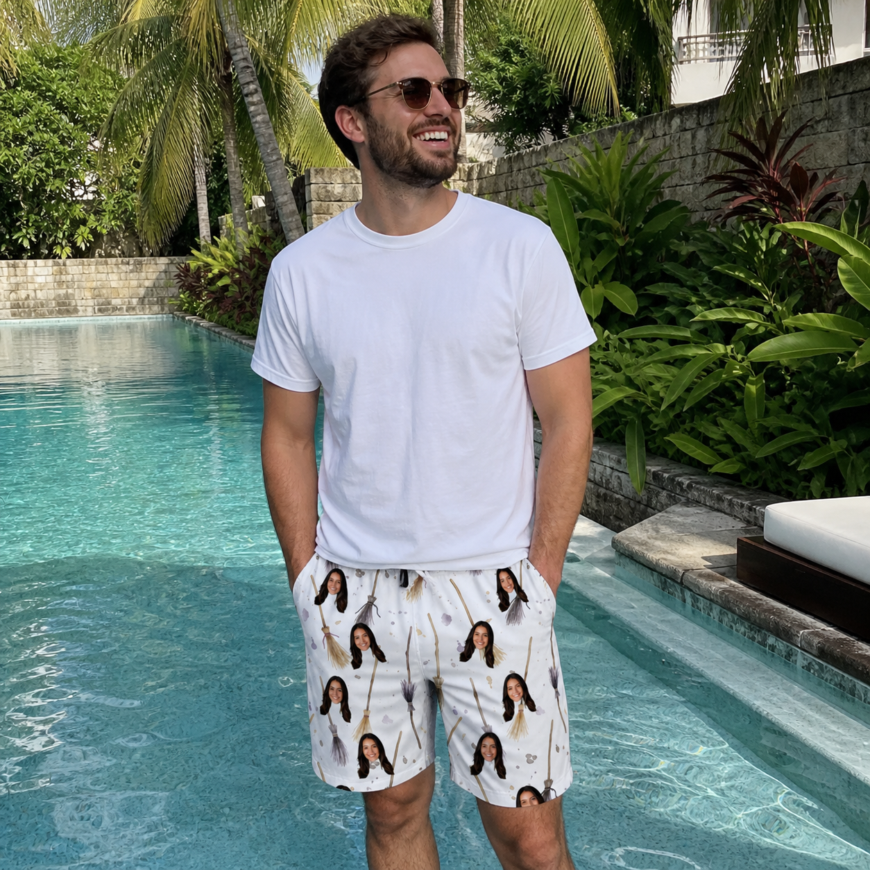 Real-life photo of someone wearing Men's Cackle Commuters Custom Face Beach Shorts — custom faces printed all-over