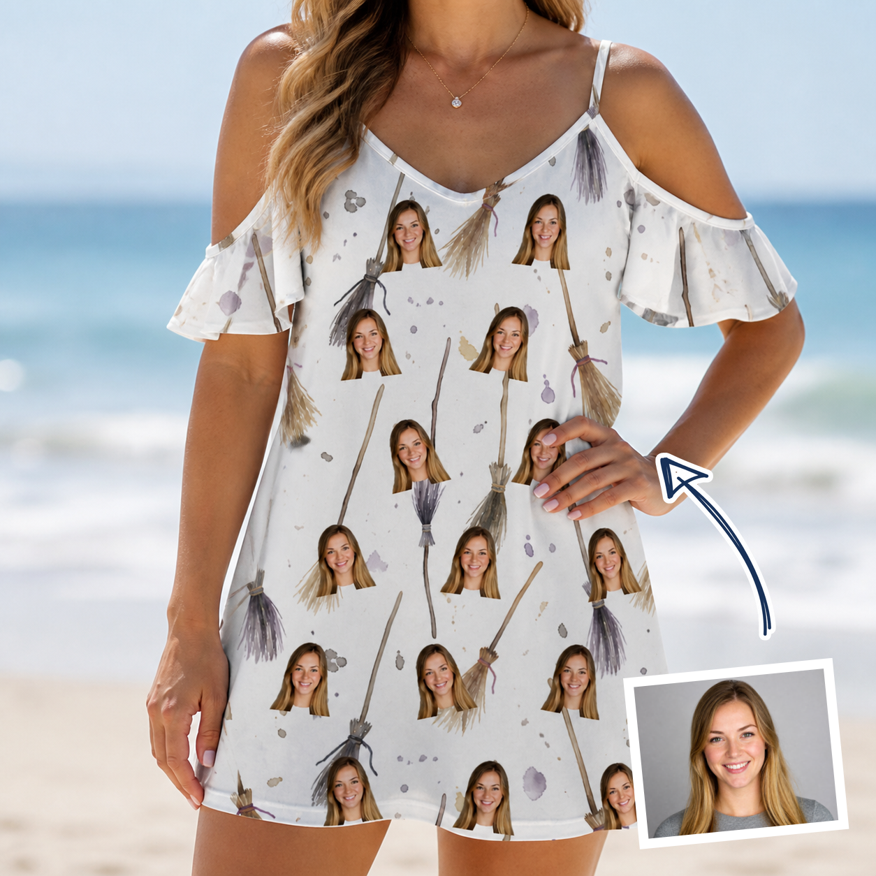 Woman wearing Women's Cackle Commuters Custom Face Off-Shoulder Dress — custom faces printed all-over