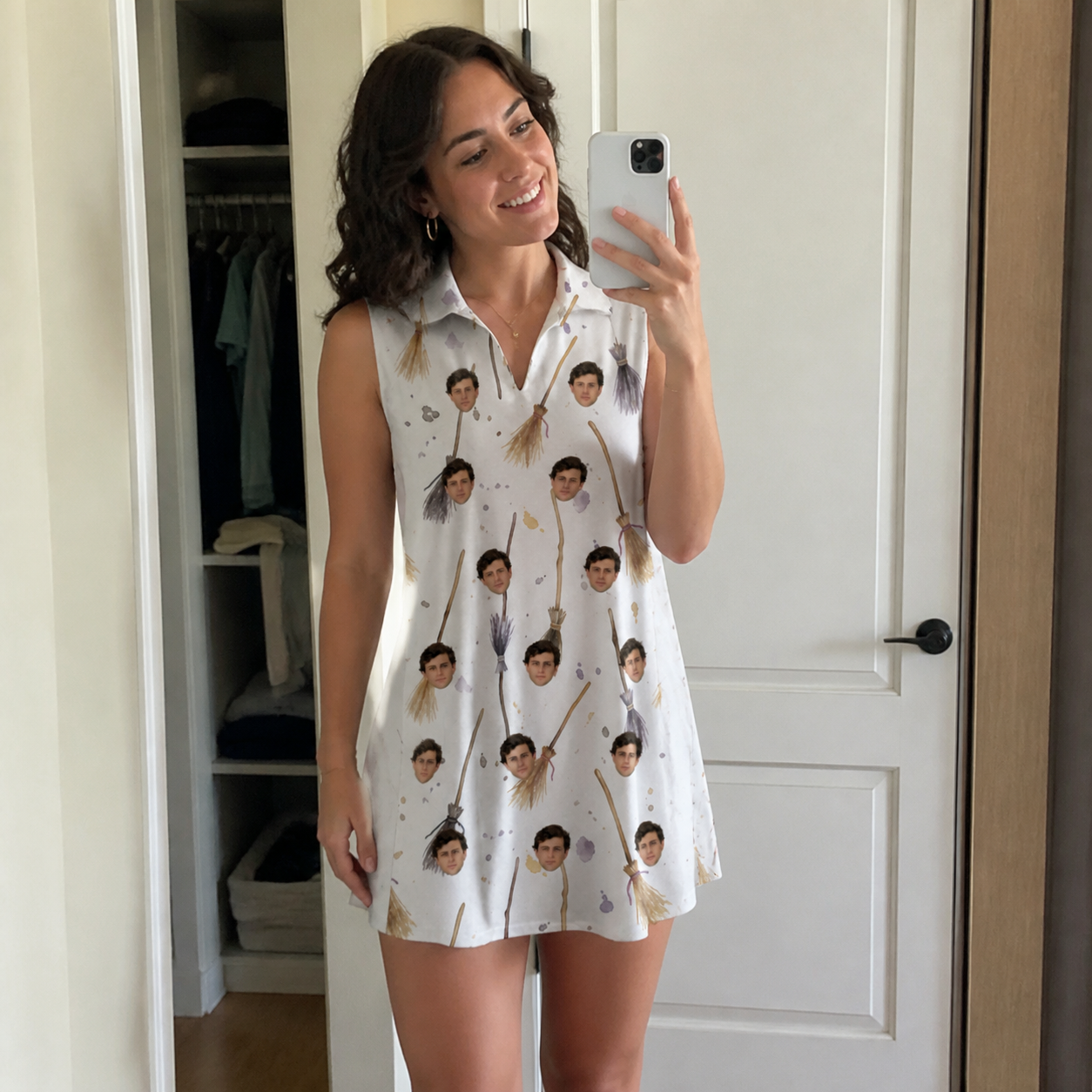 Real-life photo of someone wearing Women's Cackle Commuters Custom Face V-Neck Dress — custom faces printed all-over