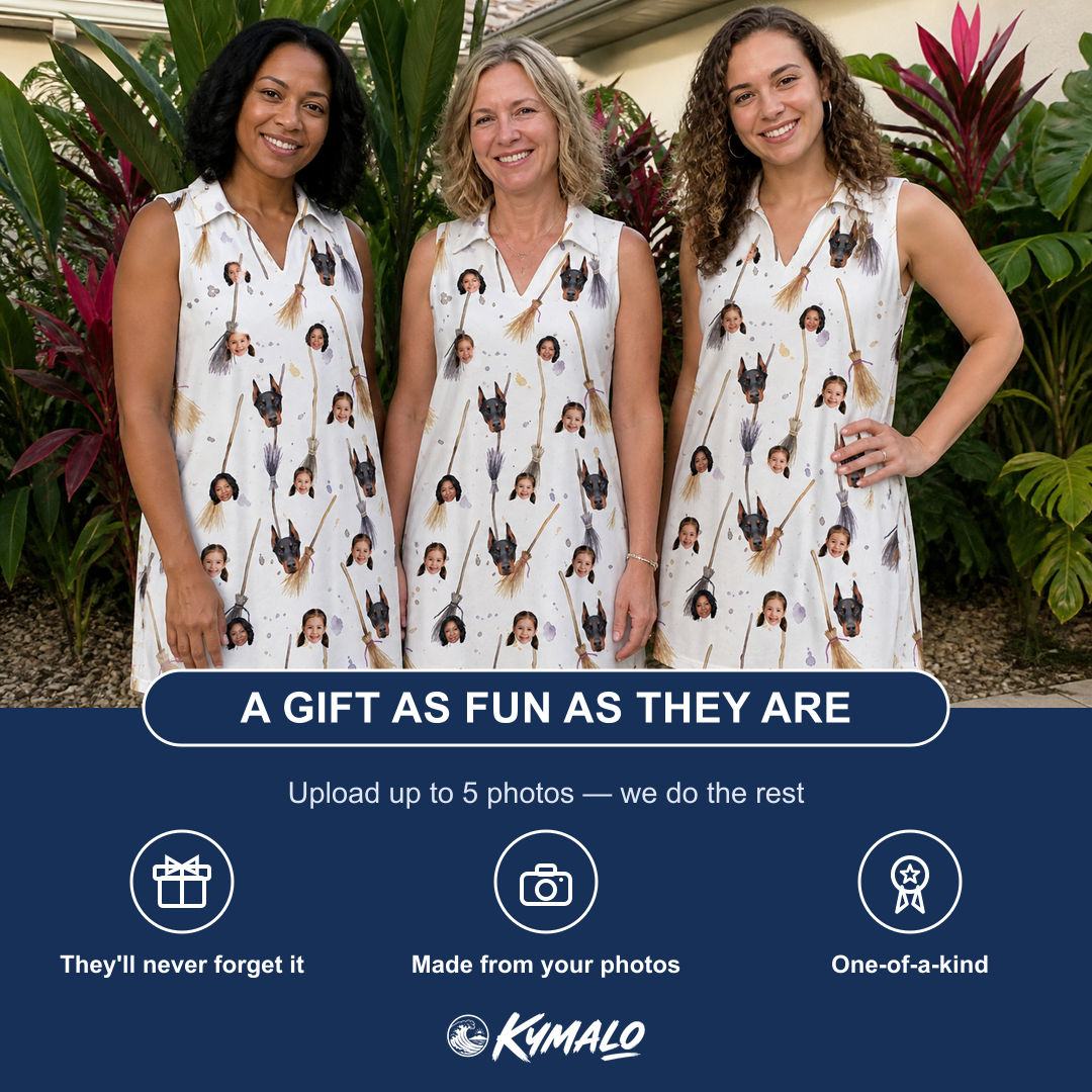 Friends in matching Women's Cackle Commuters Custom Face V-Neck Dress — a group gift photo