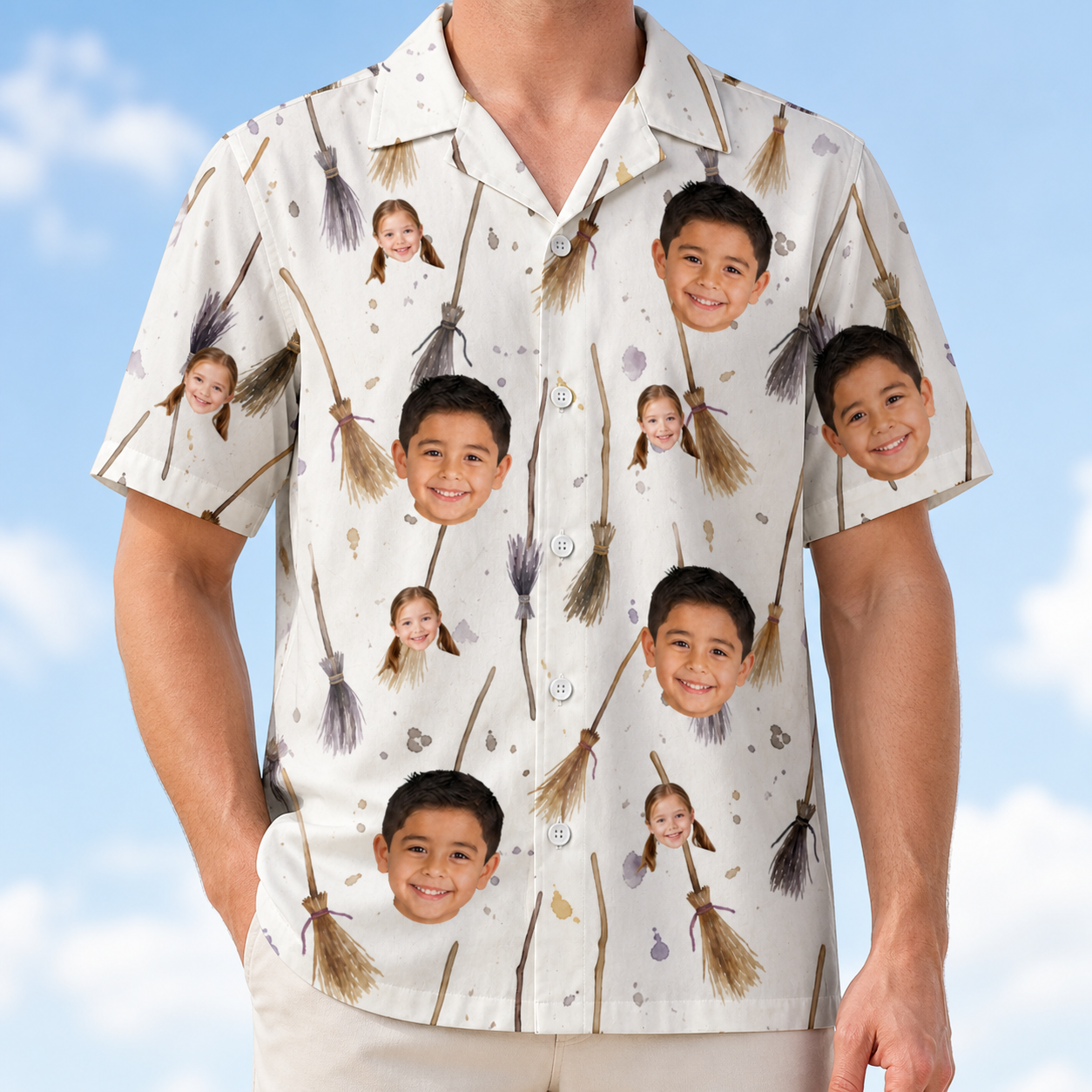 Model wearing Men's Cackle Commuters Custom Face Hawaiian Shirt printed with kids' faces