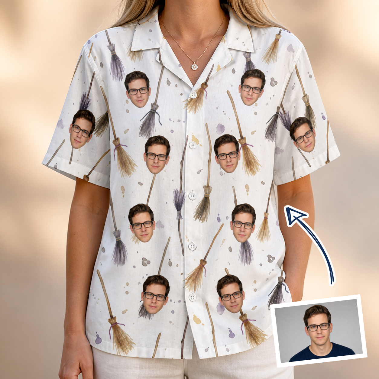 Woman wearing Women's Cackle Commuters Custom Face Hawaiian Shirt — custom faces printed all-over